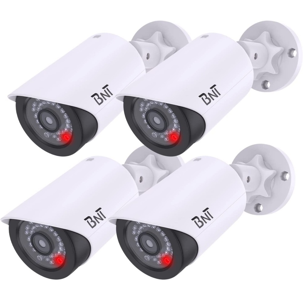 Dummy Fake Security Camera, with One Red LED Light at Night (4 Pack, White)